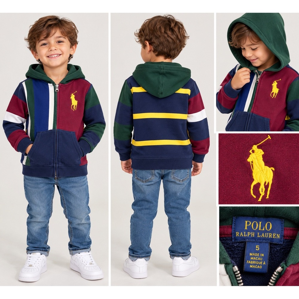 Polo Ralph Lauren Boys Size 5 Big Pony Colorblock Striped Full Zip Hoodie Multi